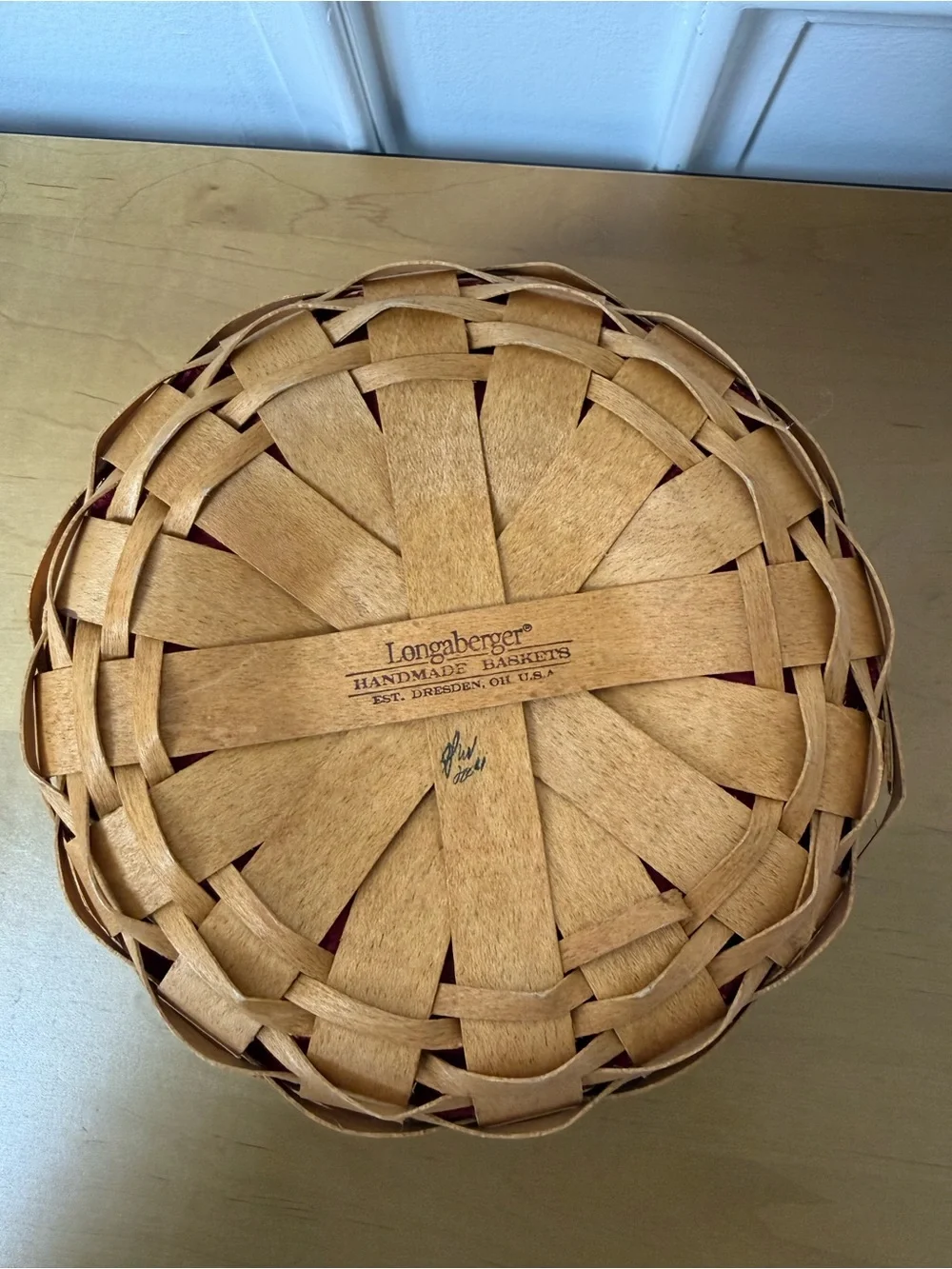Longaberger Woven Basket with Burgundy Liner and Brown Leather Handles